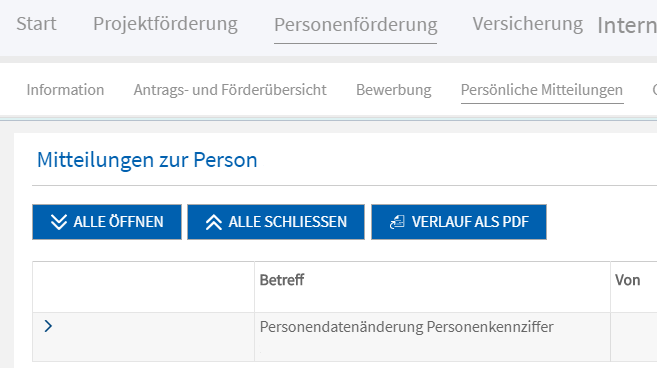 Screenshot der Rubrik "Persönliche Mitteilungen" mit dem Bereich "Mitteilungen zur Person"