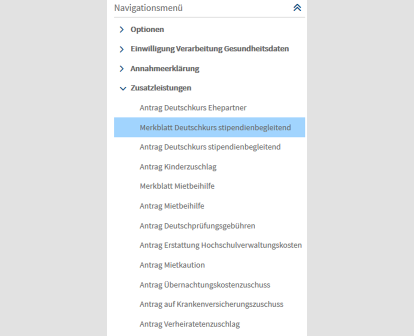 Screenshot des Navigationsmenüs mit ausgeklapptem Unterpunkt "Zusatzleistungen" und blau markierter Option "Merkblatt Deutschkurs stipendienbegleitend"