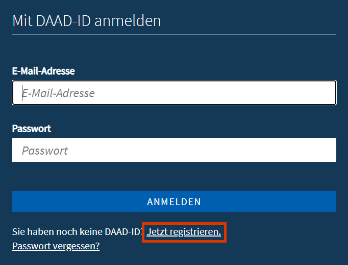 Screenshot der Registrierungsmaske auf "Mein DAAD" mit rot umrandeten Button: "Jetzt registrieren"