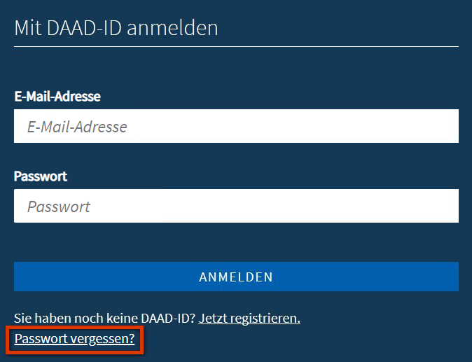 Screenshot der Anmeldmaske auf "Mein DAAD" mit rot umrandeten Button "Passwort vergessen?"