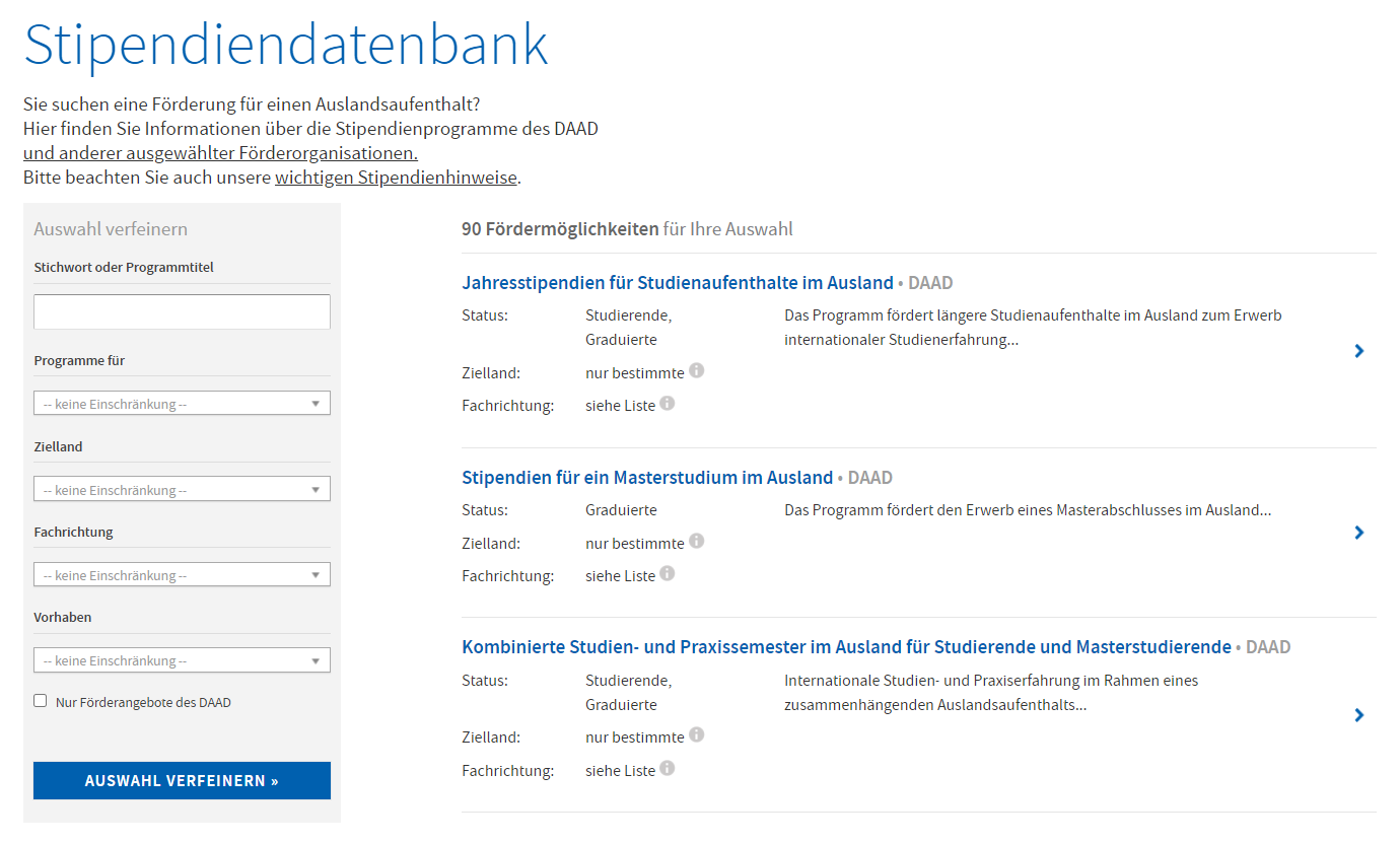 Screenshot der Übersichtsseite der Stipendiendatenbank