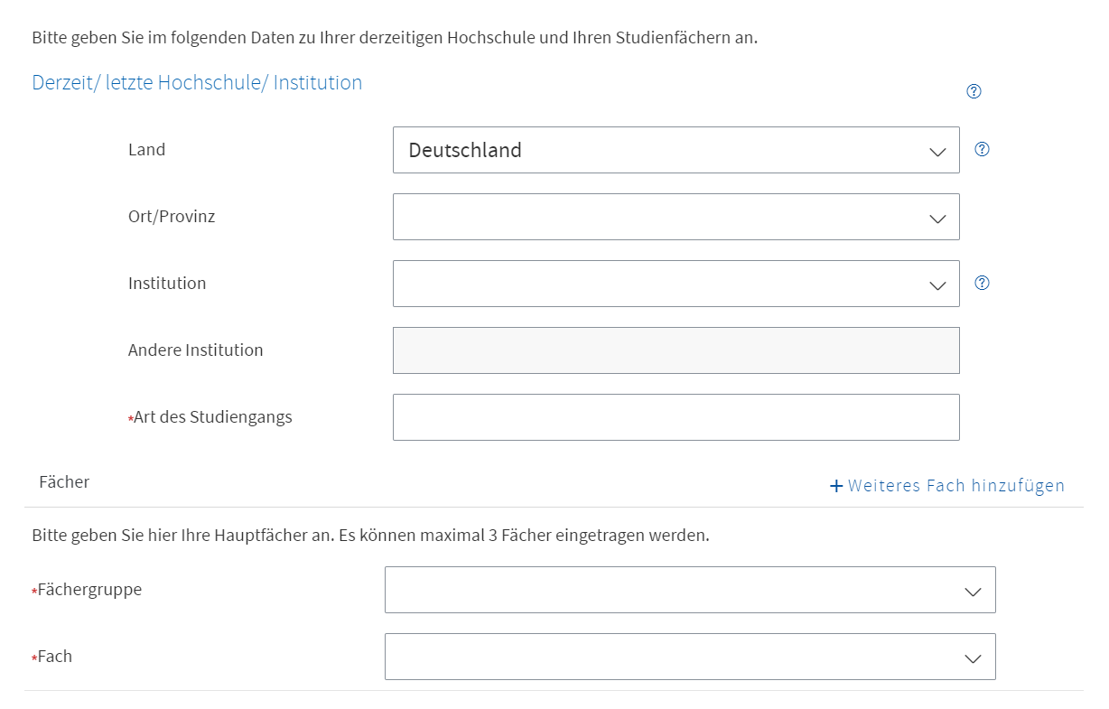 Screenshot der Eingabemaske "Derzeit/letzte Hochschule/Institution" mit Auswahlfeldern