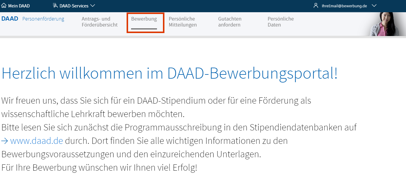 Screenshot der Startseite des DAAD-Bewerbungsportals