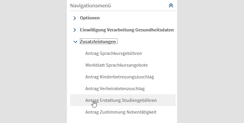Screenshot des Navigationsmenüs mit aufgeklapptem Unterpunkt "Zusatzleistungen" und markierter Option "Antrag Erstattung Studiengebühren"