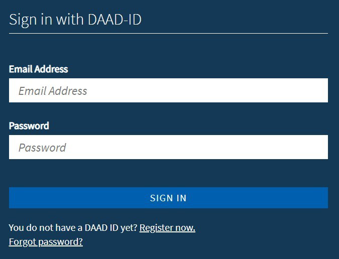 Screenshot of the registration screen on "My DAAD" with the button outlined in red: "Register now"