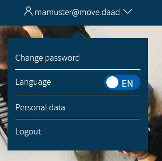 Screenshot of the language switch in the expanded menu on "My DAAD"
