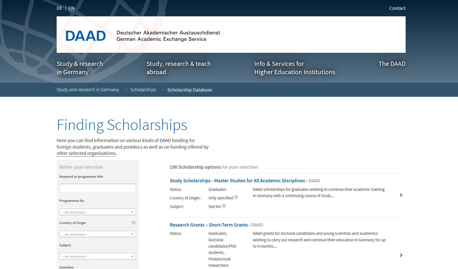 Screenshot of the scholarship overview in the scholarship database