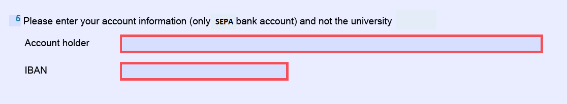 Screenshot of the bank data entry in the form with the fields "Account holder" and "IBAN" outlined in red