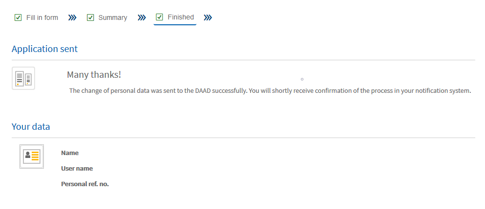 Screenshot of the confirmation "Application sent" in the form mask