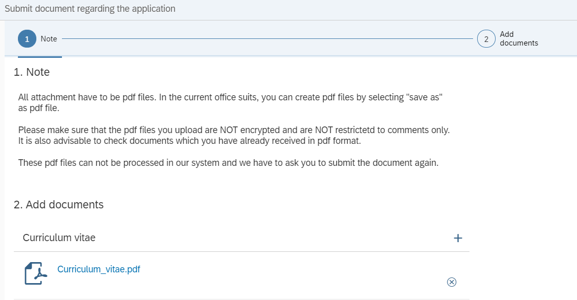 Screenshot of the overview of uploaded documents