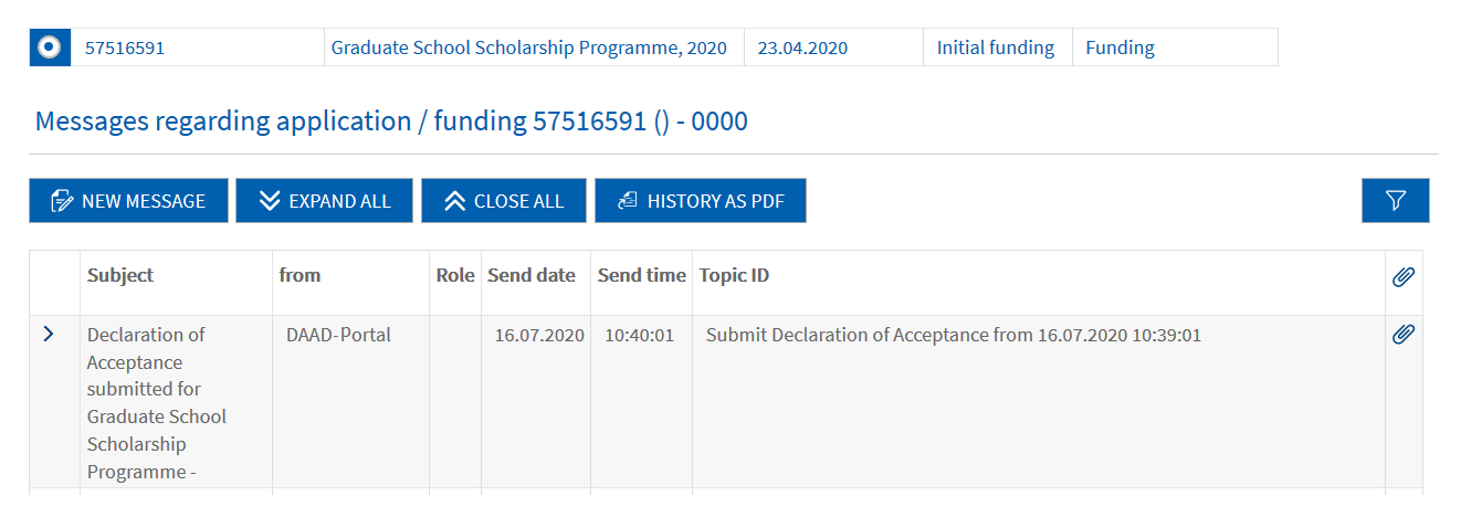 Screenshot of the application and funding overview, below the message area