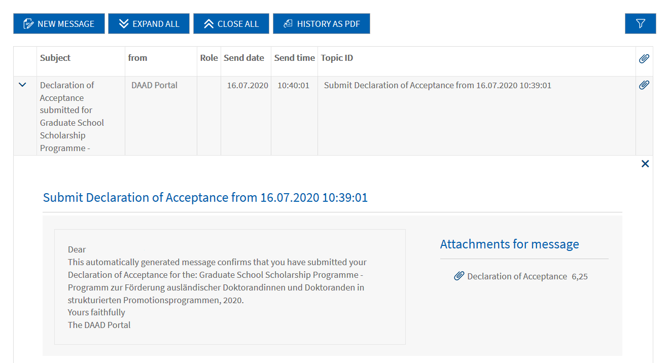 Screenshot of the notification of the confirmed declaration of acceptance