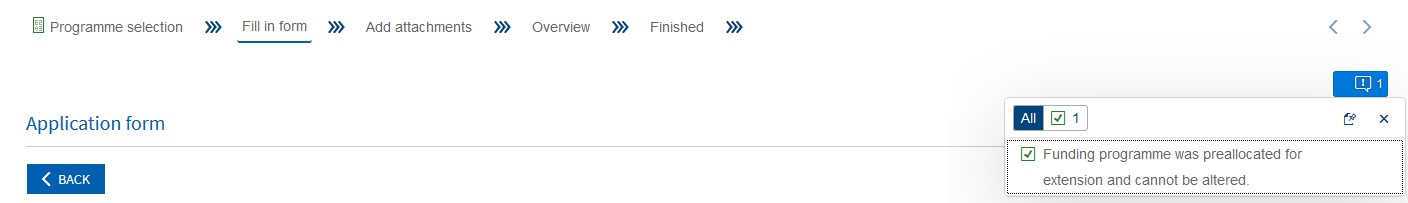 Screenshot of the confirmation window of the preallocation of the funding programme for extension