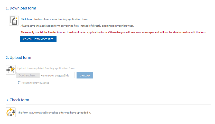 Screenshot of the 3 steps "Download form", "Upload form", "Check form"