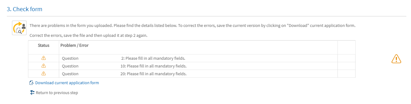 Screenshot of the "3. Check form" window with error messages in a table