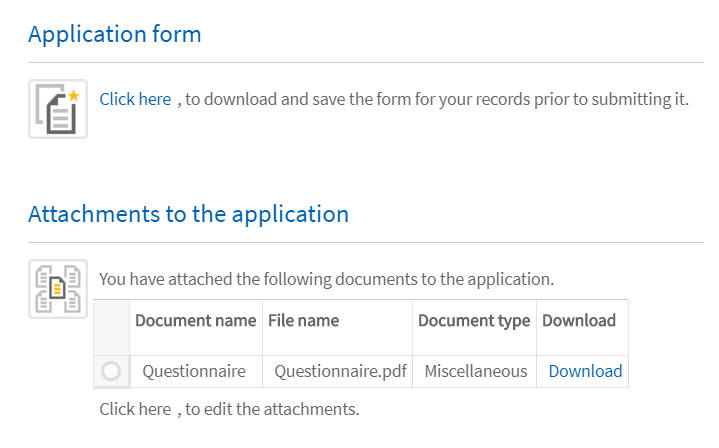 Screenshot of the overview "Attachments to the application"