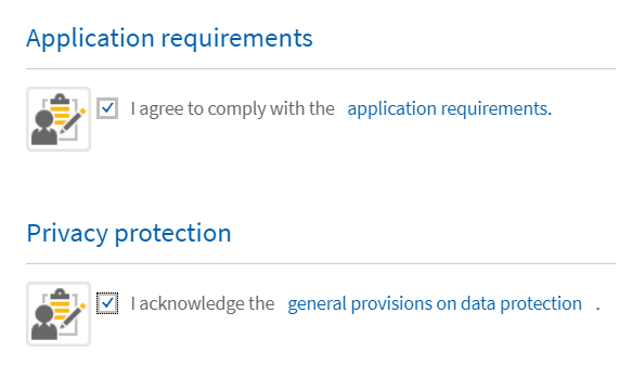 Screenshot of the "Application requirements" and "Privacy protection" ticked for confirmation