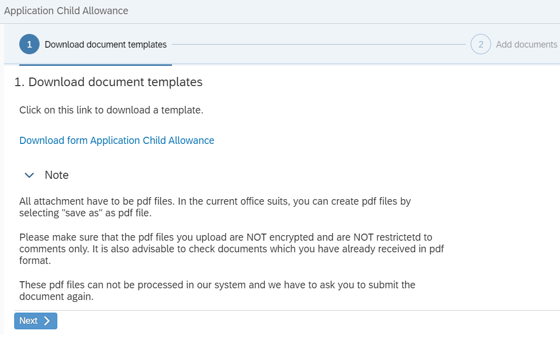 Screenshot of the selection window with instructions for downloading the "Download form Application Child Allowance".