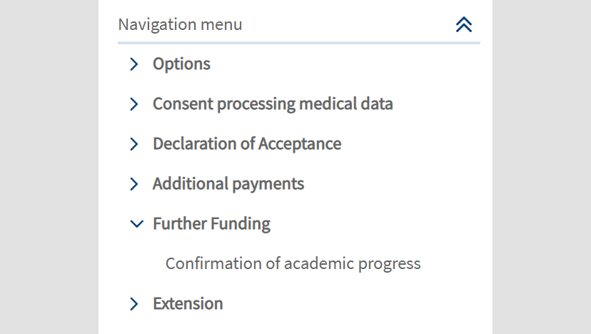 Screenshot of the navigation menu with the sub-item "Further Funding" opened and the option "Confirmation of academic success" displayed