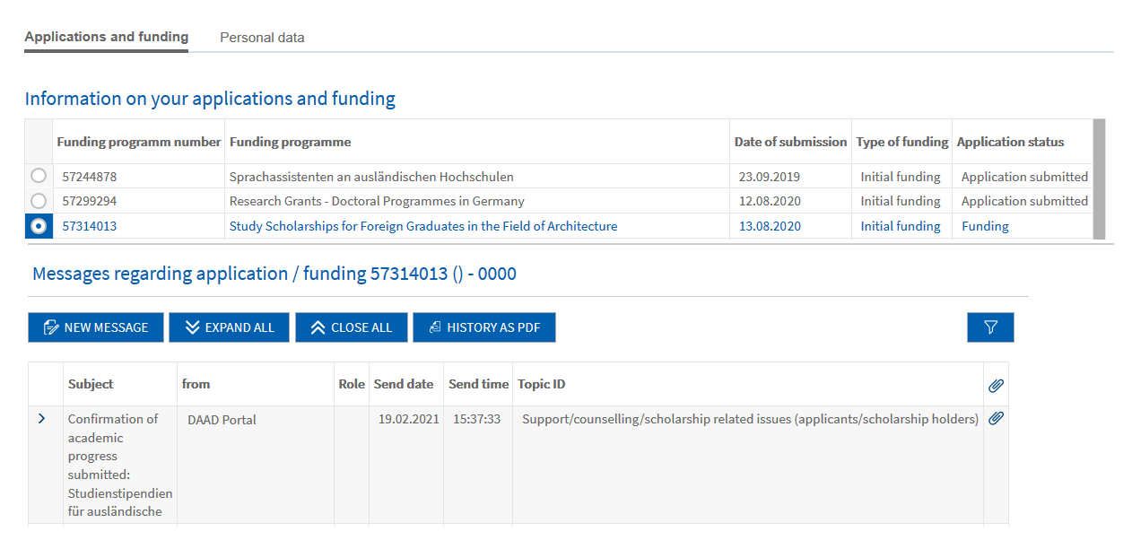 Screenshot of the list of applications and grants, below the message area with a message