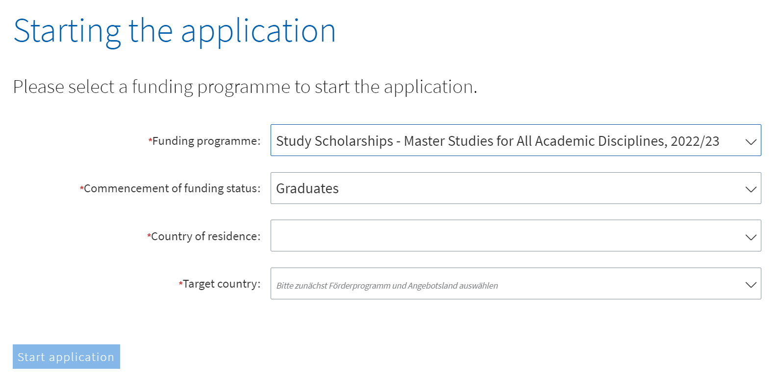 Screenshot of the selection screen under "Start the application"