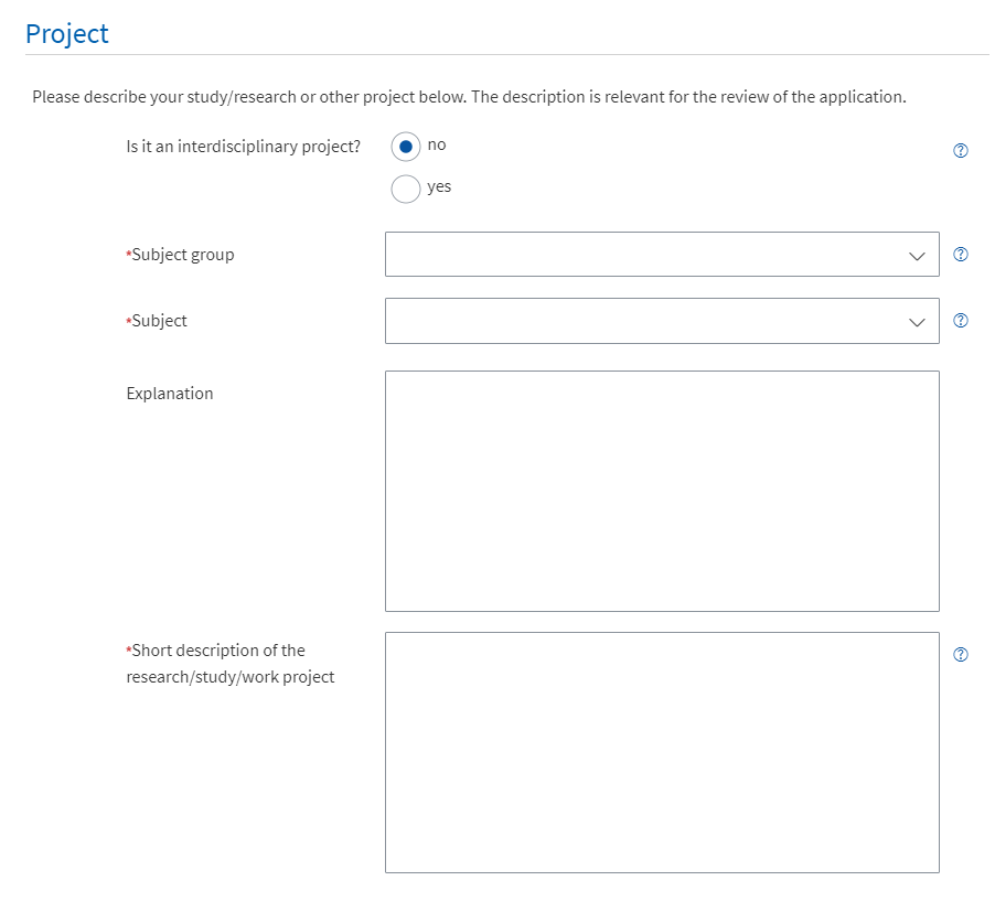 Screenshot of the input mask "Project" with selection fields