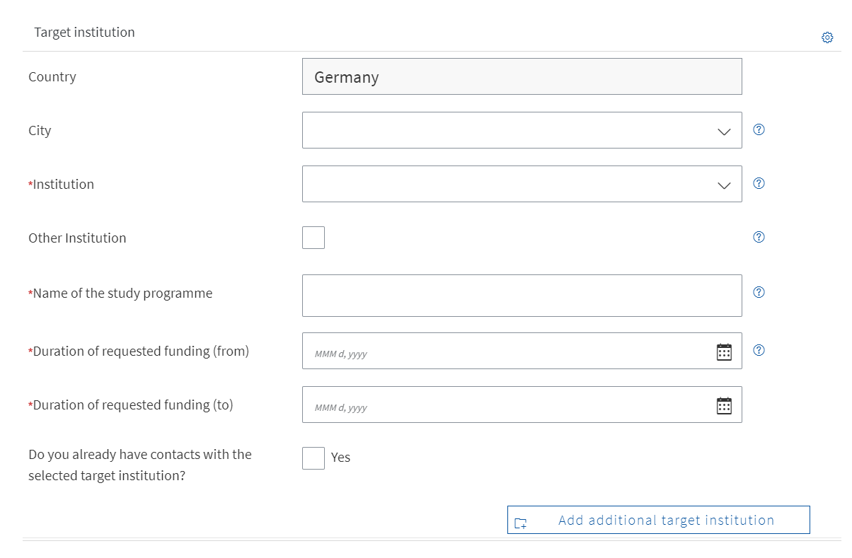 Screenshot of the input mask "Target institution" with selection fields