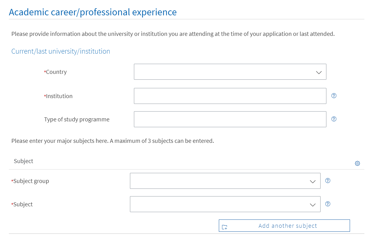 Screenshot of the input mask "Academic career/professional experience" with selection fields