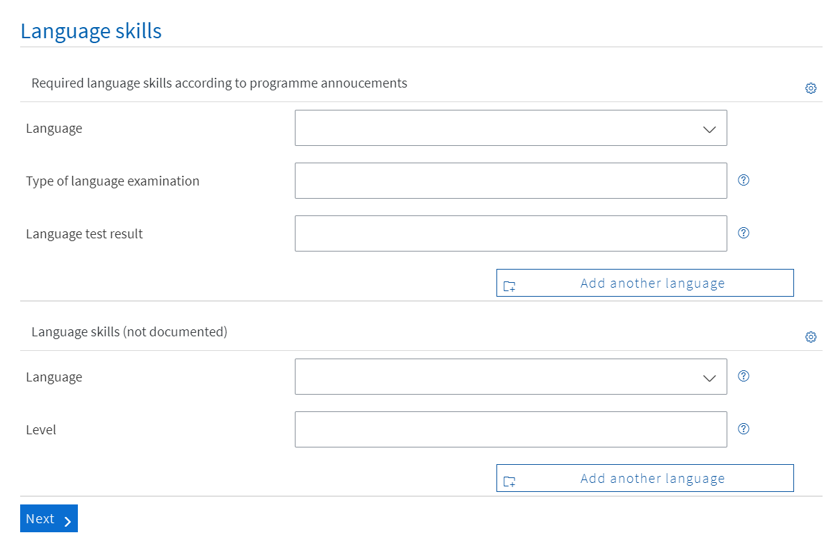 Screenshot of the "Language skills" input mask with selection fields