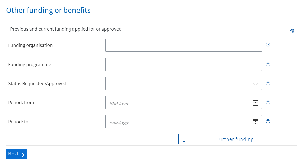Screenshot of the input mask "Other funding or benefits" with selection fields