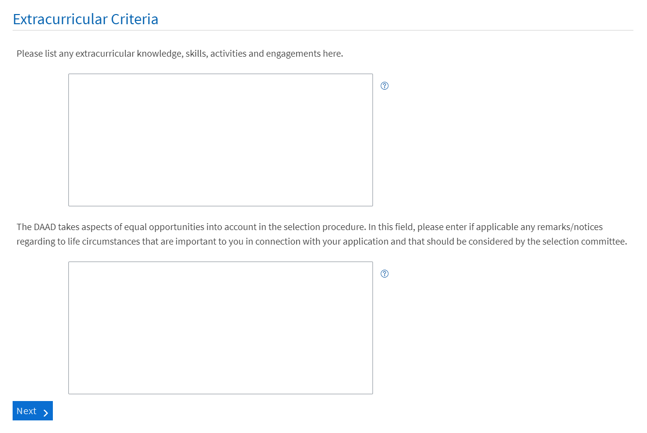 Screenshot of the input mask "Extracurricular Criteria"
