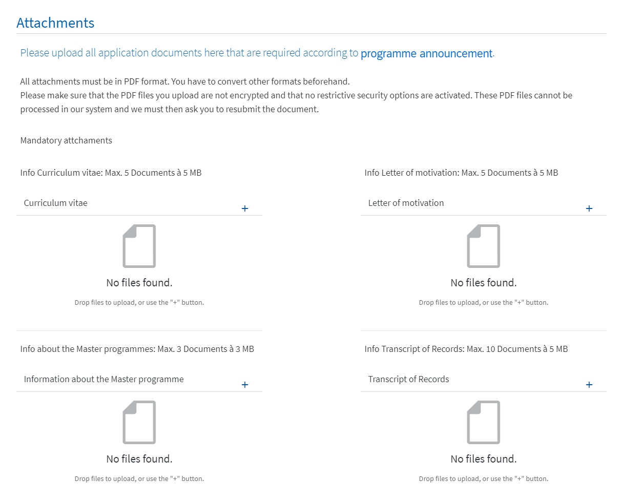 Screenshot of the upload window for the application documents