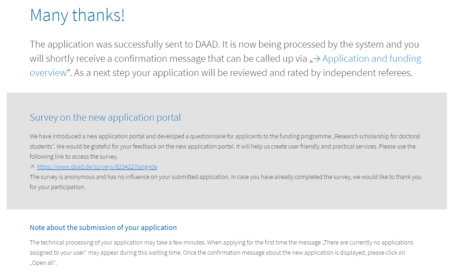 Screenshot of the confirmation window for the successful sending of the application